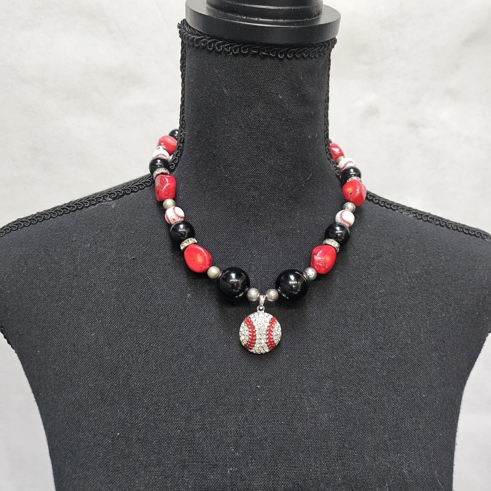 Rhinestone Baseball Stone And Beaded Black Red White Necklace